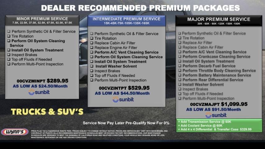 Chevrolet of Puente Hills vehicle maintenance pricing and financing details chart